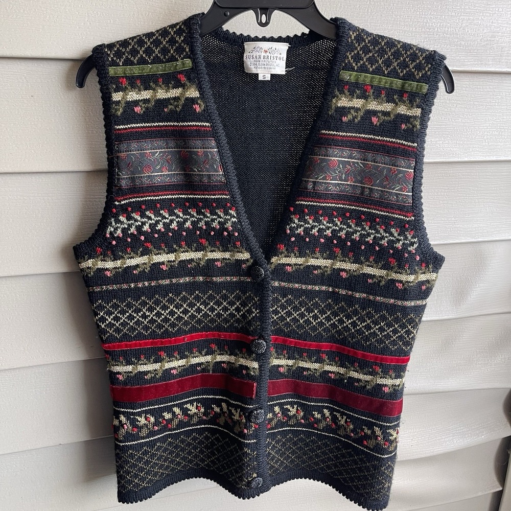 Vtg Susan Bristol Sweater Vest S Floral Christmas Hand Embroidered Wool‎ Granny
